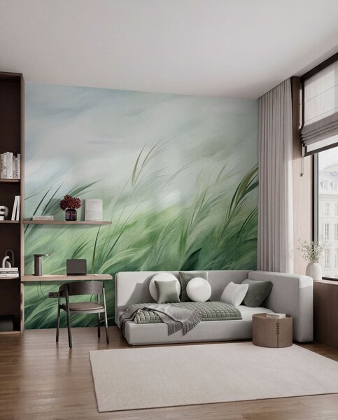 Fototapety Šalvějově zelená barva s jemnými stébly trávy, která se lehce vlní v tichém vánku, Fototapety příroda, w05853 : uwalls.cz