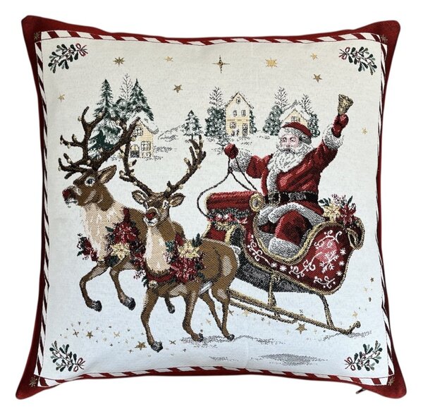 Žakárový vánoční povlak na polštář s motivem Santa na saních 50x50 cm
