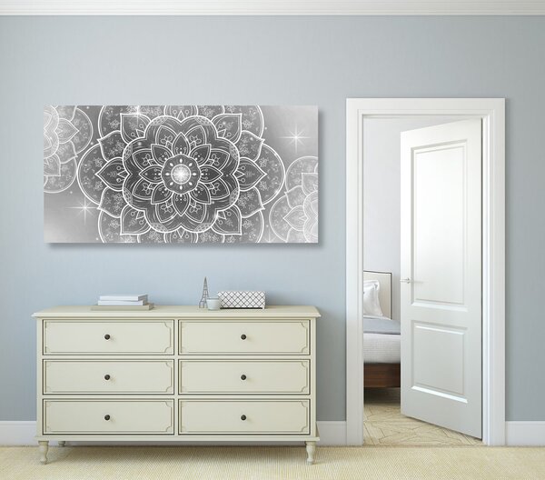Obraz orientální Mandala v černobílém provedení