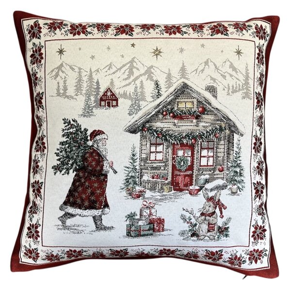 Žakárový vánoční povlak na polštář s motivem Santa se stromkem 50x50 cm