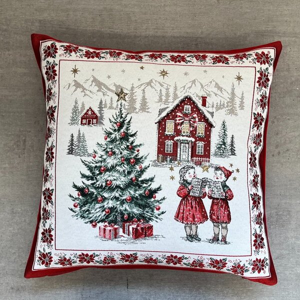 Žakárový vánoční povlak na polštář s motivem Koledníci 50x50 cm