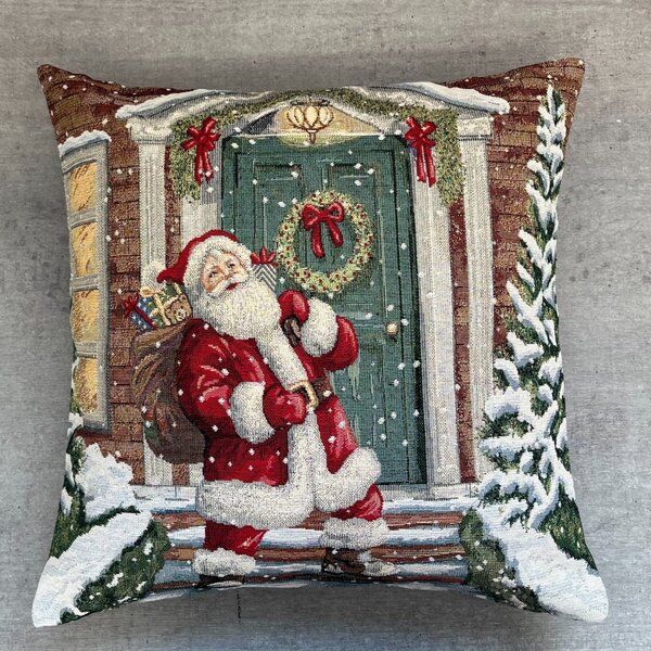 Gobelínový vánoční povlak na polštář s motivem Santa u domu 45x45 cm