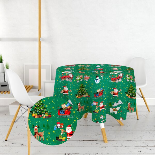 Ervi bavlněný ubrus na stůl kulatý - Vánoční vzor zelený