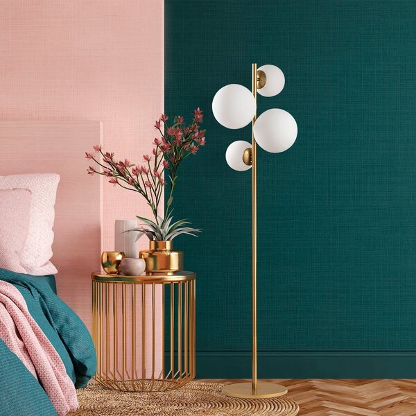 Bílá/v mosazné barvě stojací lampa se skleněným stínidlem (výška 162 cm) Fazli – Opviq lights