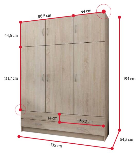 Šatní skříň ANIMAL, 135x194, dub sonoma