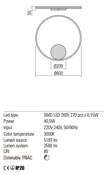 Redo Nástěnné/stropní LED svítidlo ORBIT ø 60 cm, 3000K, bílé- ROZBALENO Barva: Bílá, Stmívání, řízení: TRIAC (lze použít i bez stmívání)