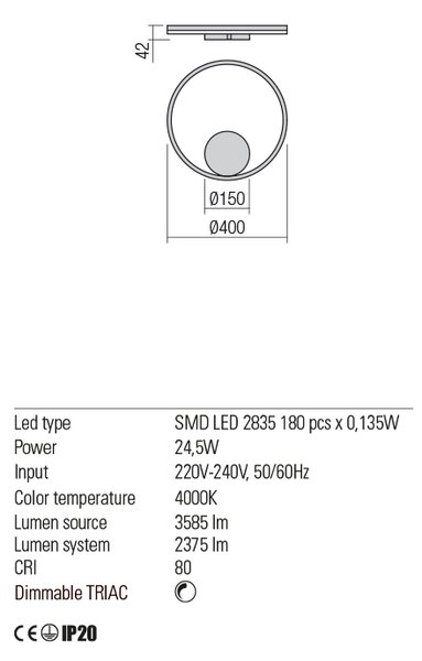 Redo Nástěnné/stropní LED svítidlo NEPŘÍMÉ ORBIT ø 40 cm, 4000K, v. 4,2 cm Barva: Černá, Stmívání, řízení: TRIAC