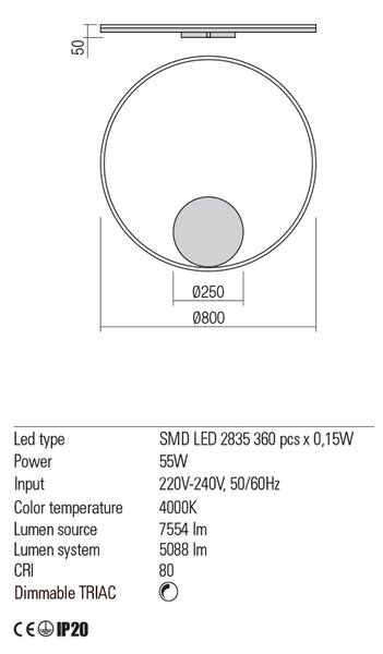 Redo Nástěnné/stropní LED svítidlo ORBIT ø 80 cm, 4000K Barva: Bílá, Stmívání, řízení: TRIAC