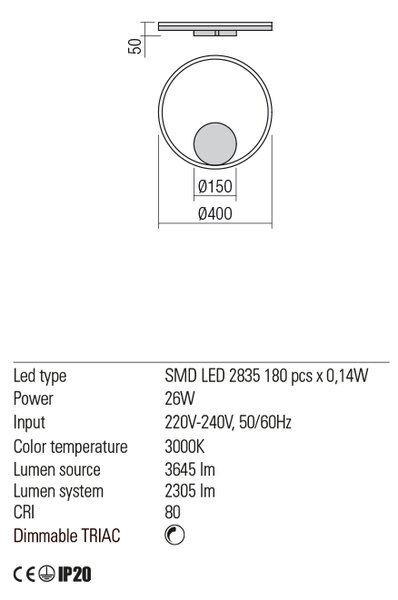 Redo Nástěnné/stropní LED svítidlo ORBIT ø 40 cm, 3000K Barva: Bronzová, Stmívání, řízení: TRIAC
