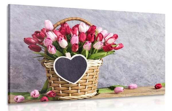 Obraz červené tulipány v dřevěném košíku