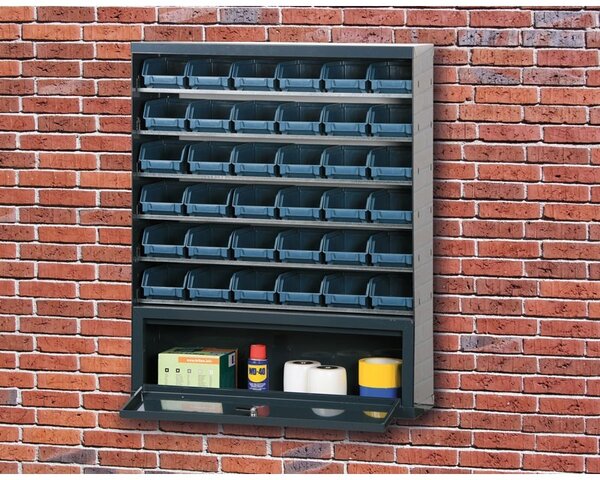 Závěsný regál s plastovými boxy BASIC a přihrádkou, 9 boxů