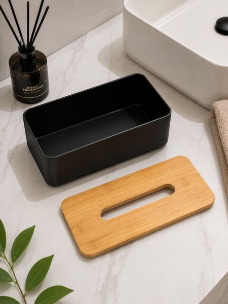 Box na kapesníky Natureo Black, 26x9x13 cm, černá/s dřevěnými prvky