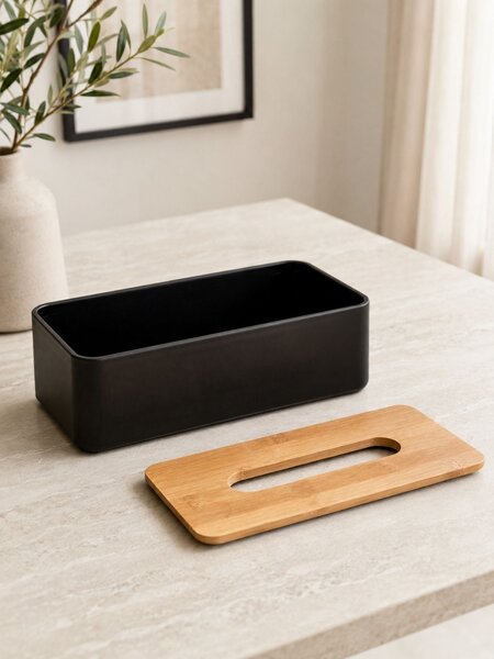 Box na kapesníky Natureo Black, 26x9x13 cm, černá/s dřevěnými prvky