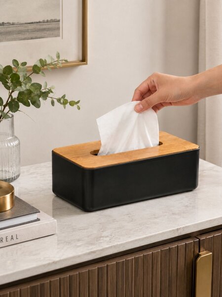 Box na kapesníky Natureo Black, 26x9x13 cm, černá/s dřevěnými prvky