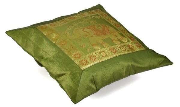 Povlak na polštář, zelený se slonem, zlatá výšivka, 40x40cm