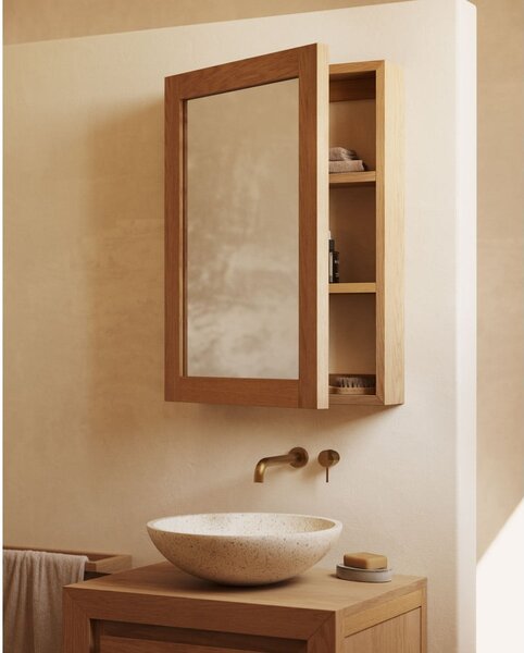 Závěsná koupelnová skříňka se zrcadlem z teakového dřeva v přírodní barvě 50x70 cm Plubia – Kave Home