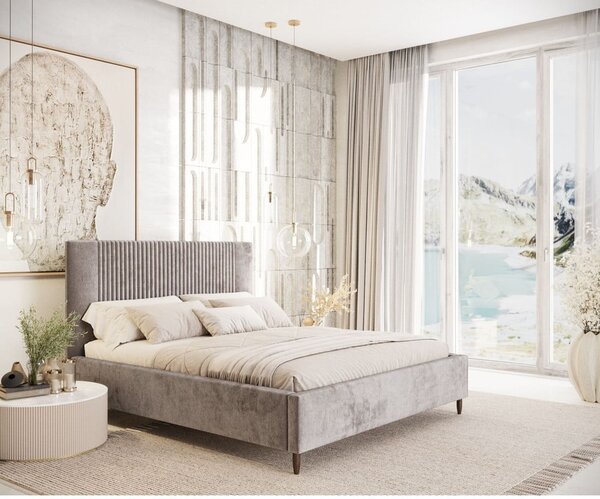 Béžová čalouněná dvoulůžková postel s úložným prostorem s roštem 180x200 cm Etero – Maison de Rêve