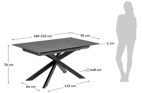 Šedý keramický rozkládací jídelní stůl Kave Home Atminda 160/210 x 90 cm