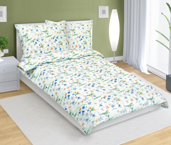Bellatex Povlečení bavlněné 140x200, 70x90 cm Kvítí luční modrá, žlutá, bílá