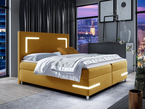 Boxspringová manželská postel 180x200 MADENA - žlutá + topper a LED osvětlení ZDARMA