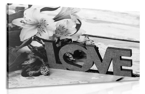 Obraz s dřevěným nápisem Love v černobílém provedení
