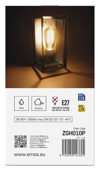 EMOS LED zahradní nástěnné svítidlo MALVA, 13 × 12 × 25 cm, 1 × E27, 15 W 1554000010