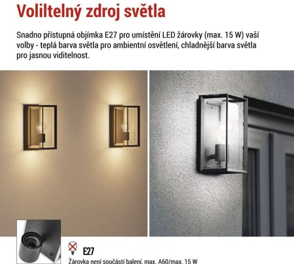 EMOS LED zahradní nástěnné svítidlo MALVA, 13 × 12 × 25 cm, 1 × E27, 15 W 1554000010