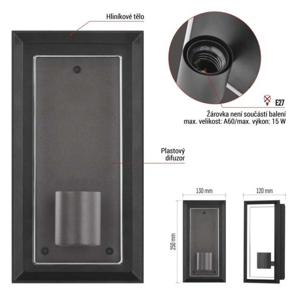 EMOS LED zahradní nástěnné svítidlo MALVA, 13 × 12 × 25 cm, 1 × E27, 15 W 1554000010