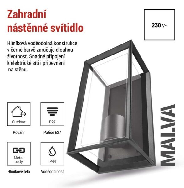 EMOS LED zahradní nástěnné svítidlo MALVA, 13 × 12 × 25 cm, 1 × E27, 15 W 1554000010