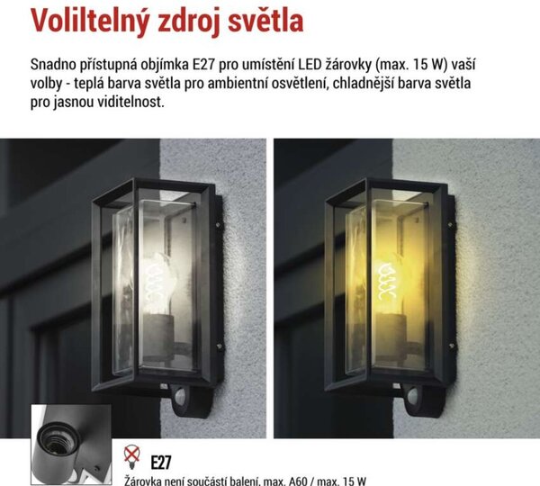 EMOS LED zahradní nástěnné svítidlo s čidlem soumraku MALVA, 13 × 12 × 28 cm, 1 × E27, 15 W 1554000011