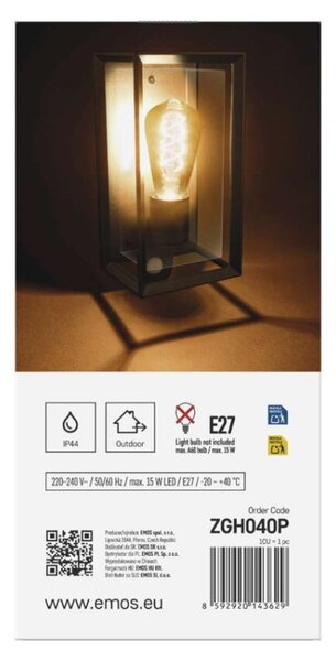 EMOS LED zahradní nástěnné svítidlo s čidlem soumraku MALVA, 13 × 12 × 28 cm, 1 × E27, 15 W 1554000011