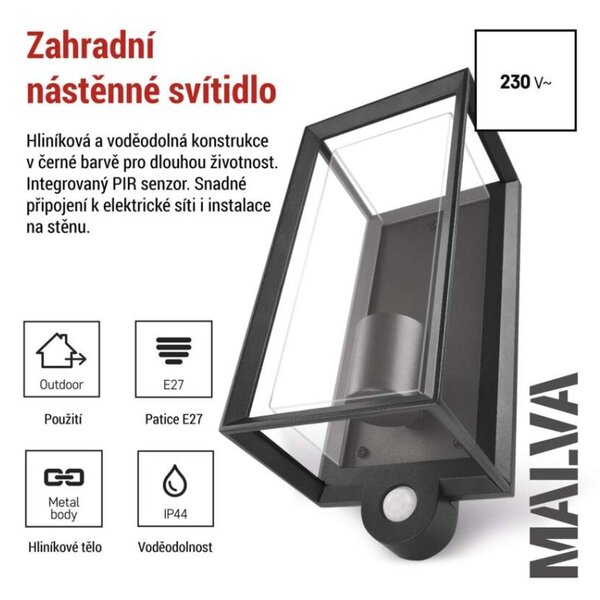 EMOS LED zahradní nástěnné svítidlo s čidlem soumraku MALVA, 13 × 12 × 28 cm, 1 × E27, 15 W 1554000011