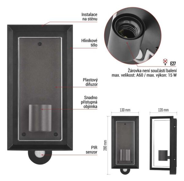 EMOS LED zahradní nástěnné svítidlo s čidlem soumraku MALVA, 13 × 12 × 28 cm, 1 × E27, 15 W 1554000011