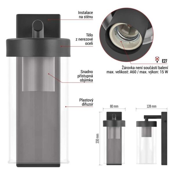 EMOS LED zahradní nástěnné svítidlo ZALA, 14,5 × 8,9 × 26,2 cm, 1 × E27, 15 W 1554000007