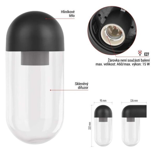 EMOS LED zahradní nástěnné svítidlo CASSIA, 12,6 × 9,5 × 22,2 cm, 1 × E27, 15 W 1554000009