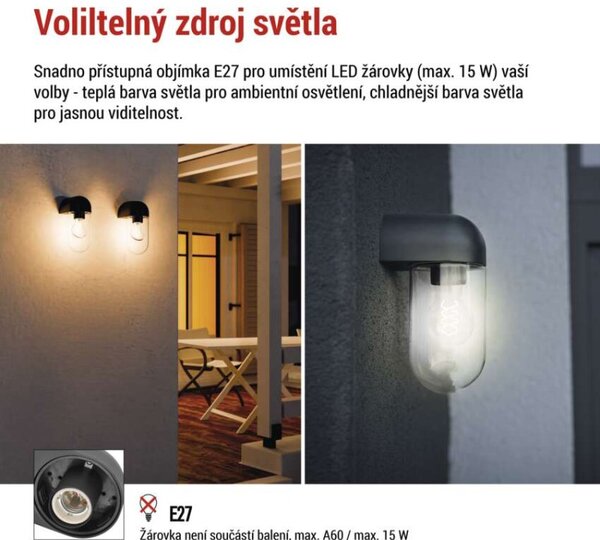 EMOS LED zahradní nástěnné svítidlo CASSIA, 12,6 × 9,5 × 22,2 cm, 1 × E27, 15 W 1554000009