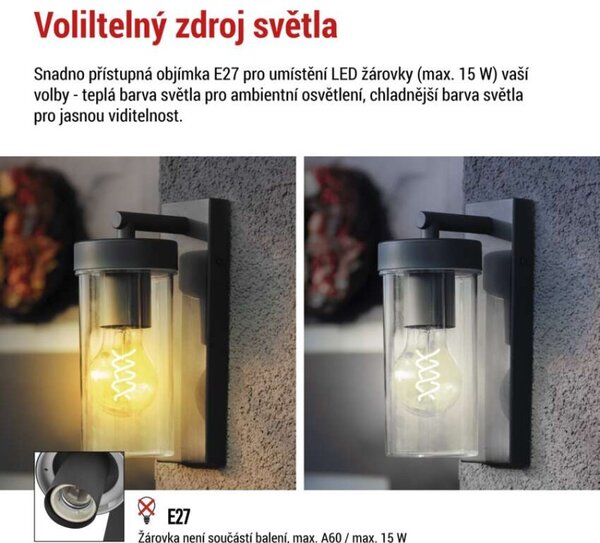EMOS LED zahradní nástěnné svítidlo ZALA, 14,5 × 8,9 × 26,2 cm, 1 × E27, 15 W 1554000007