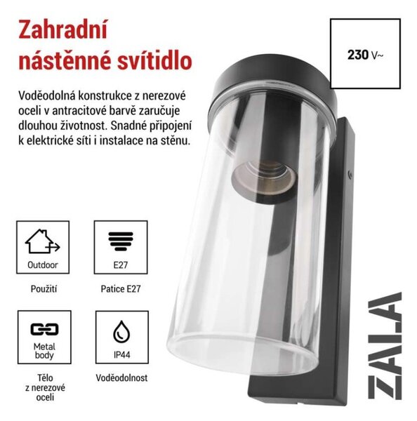 EMOS LED zahradní nástěnné svítidlo ZALA, 14,5 × 8,9 × 26,2 cm, 1 × E27, 15 W 1554000007