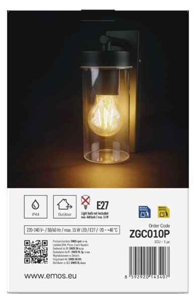EMOS LED zahradní nástěnné svítidlo ZALA, 14,5 × 8,9 × 26,2 cm, 1 × E27, 15 W 1554000007