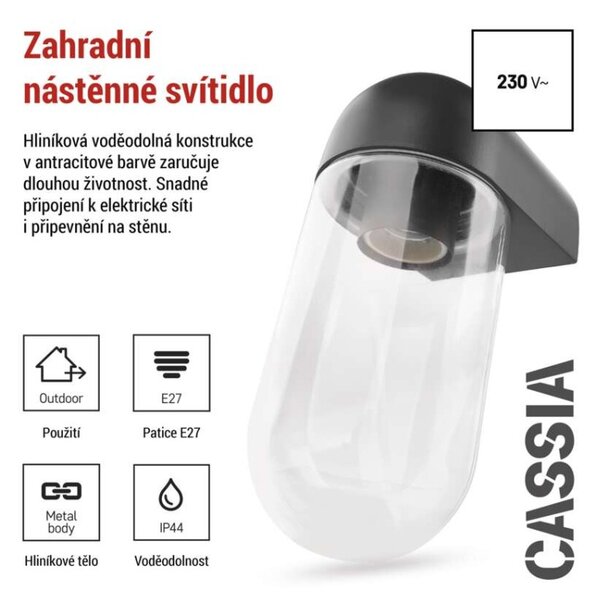 EMOS LED zahradní nástěnné svítidlo CASSIA, 12,6 × 9,5 × 22,2 cm, 1 × E27, 15 W 1554000009