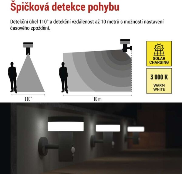 EMOS LED zahradní solární nástěnné svítidlo s čidlem soumraku, TERION, 12,5 × 14,7 × 14,2 cm 1554202000