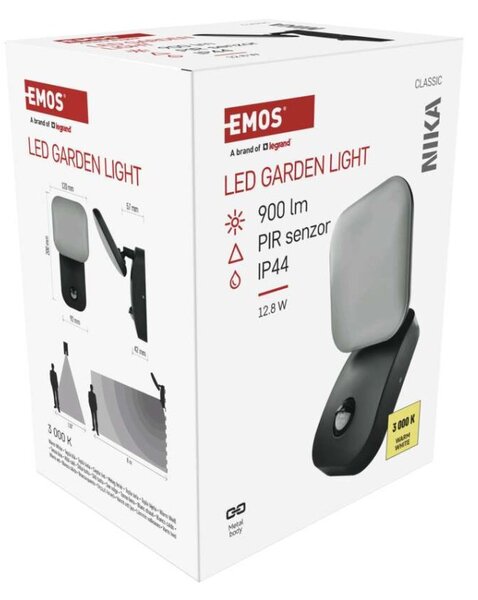 EMOS LED zahradní nástěnné svítidlo s čidlem soumraku NIKA, 12 × 12 × 20 cm, 12,8 W, teplá bílá 1554112001
