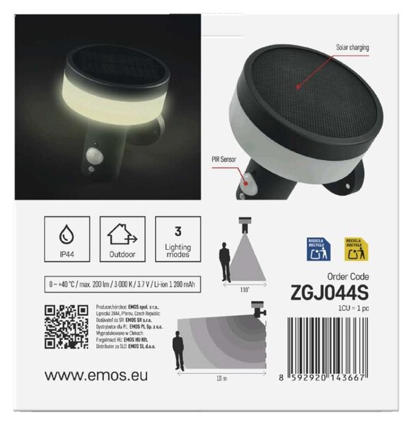 EMOS LED zahradní solární nástěnné svítidlo s čidlem soumraku, TERION, 12,5 × 14,7 × 14,2 cm 1554202000