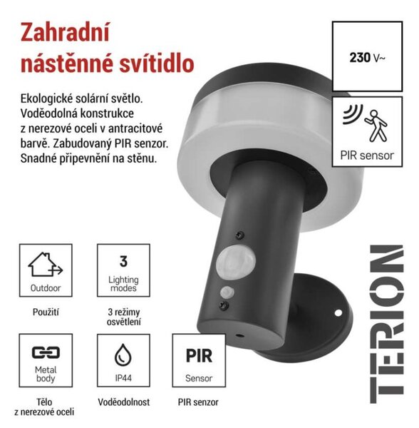 EMOS LED zahradní solární nástěnné svítidlo s čidlem soumraku, TERION, 12,5 × 14,7 × 14,2 cm 1554202000