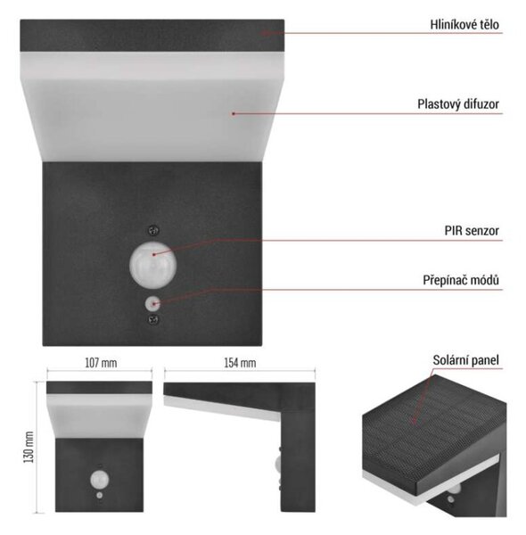 EMOS LED zahradní solární nástěnné svítidlo s čidlem soumraku, VEREA, 10,7 × 15,4 × 13 cm 1554204000