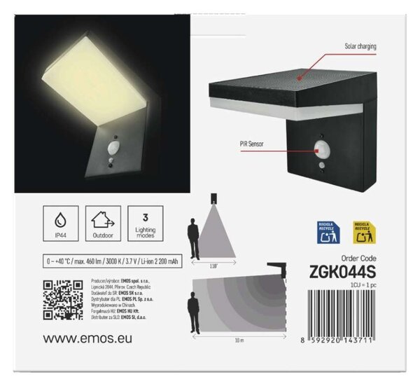 EMOS LED zahradní solární nástěnné svítidlo s čidlem soumraku, VEREA, 10,7 × 15,4 × 13 cm 1554204000