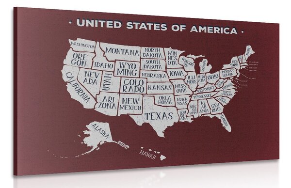 Obraz naučná mapa USA s bordovým pozadím