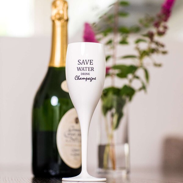 Koziol Sklenička CHEERS bílá s potiskem Save Water Drink Champagne, 100 ml