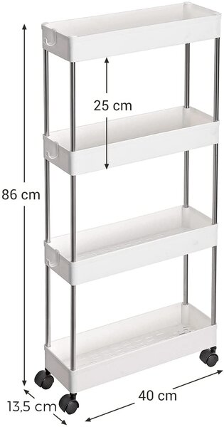 SONGMICS Pojízdný vozík 4 police bílý 13,5 x 86 x 40 cm