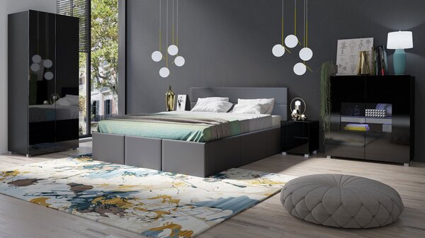 Ložnicová sestava s LED modrým osvětlením a s postelí 160x200 cm CHEMUNG - černá / lesklá černá / šedá ekokůže
